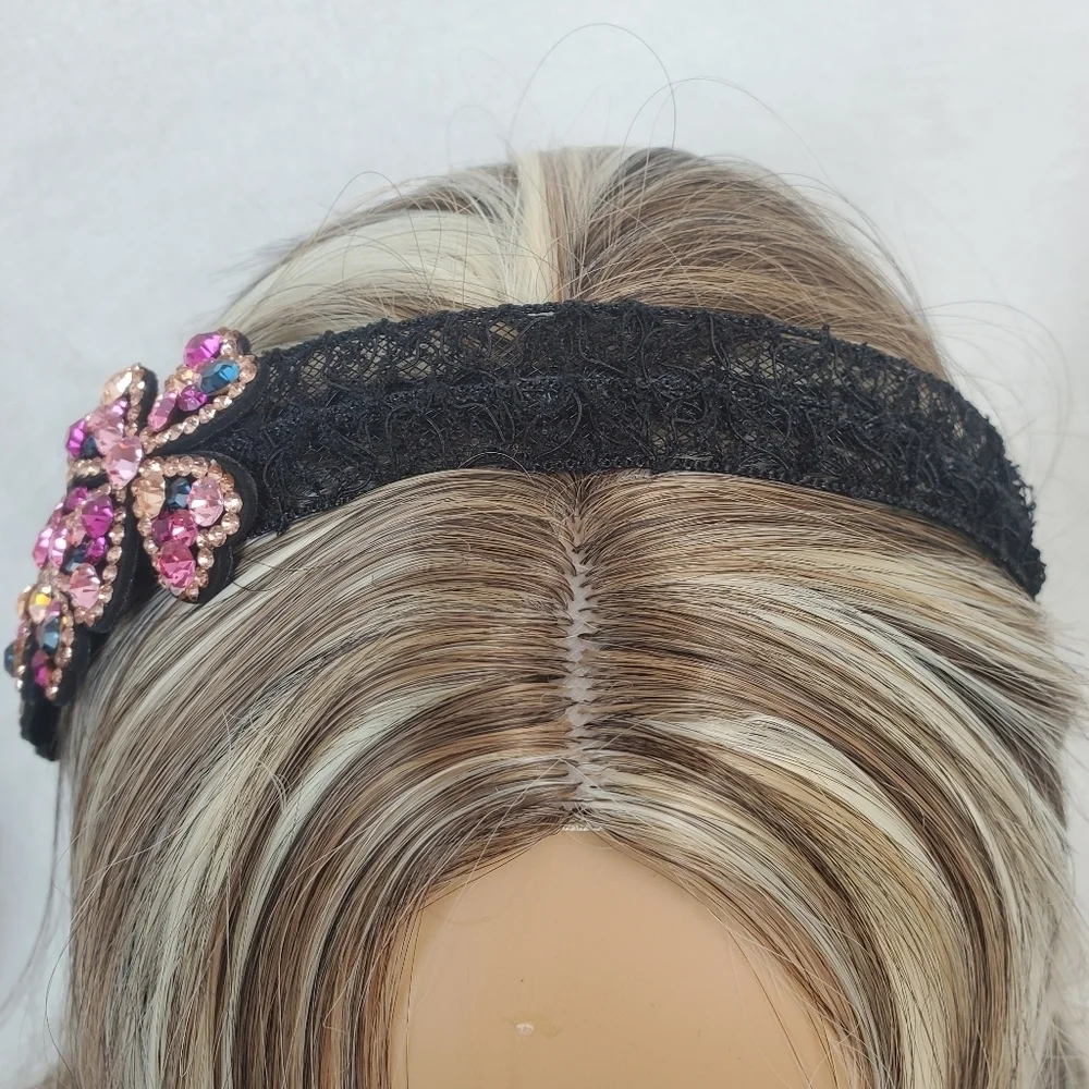 Gold/Pink/Blue Crystal Floral Black Lace Hair Band